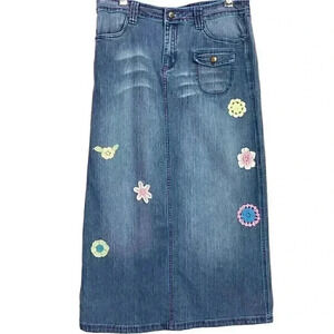 Crest Jeans Women 11 12 Retro 70s Denim Midi Skirt Blue Stretch Flower Power